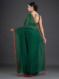 Handloom Contrast Border Cotton Saree - Cardin Green
