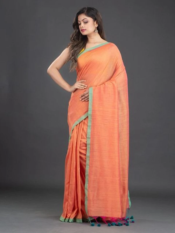 Handloom Contrast Border Cotton Saree - Free, Web Orange, Mul Cotton