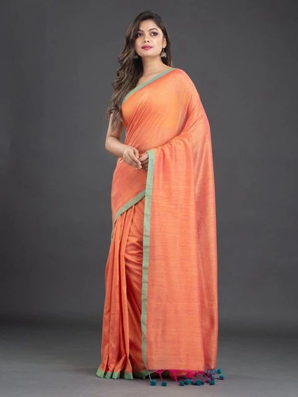 Handloom Contrast Border Cotton Saree - Web Orange