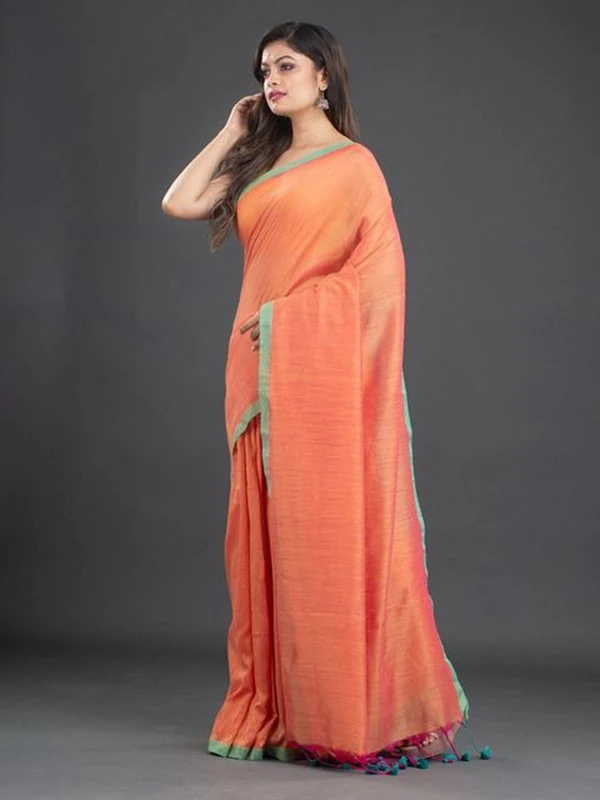 Handloom Contrast Border Cotton Saree - Web Orange