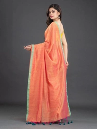 Handloom Contrast Border Cotton Saree - Web Orange