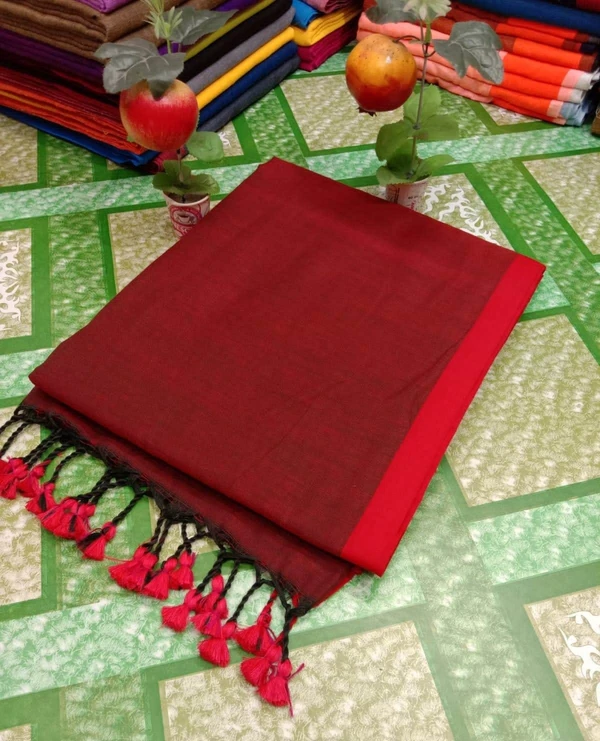 Handloom Contrast Border Cotton Saree - Free, Red Berry, Mix Cotton