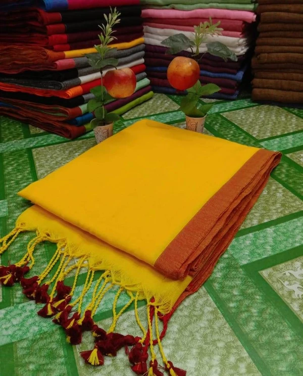 Handloom Contrast Border Cotton Saree - Free, Yellow, Mix Cotton