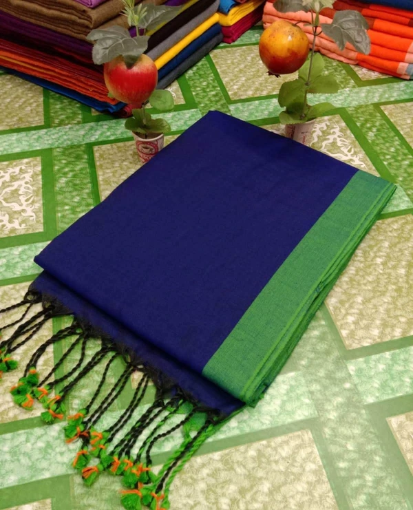 Handloom Contrast Border Cotton Saree - Free, Royal Blue, Mix Cotton