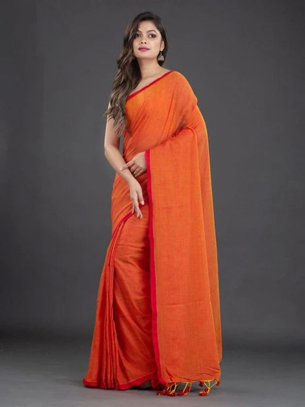 Handloom Contrast Border Cotton Saree - Orange