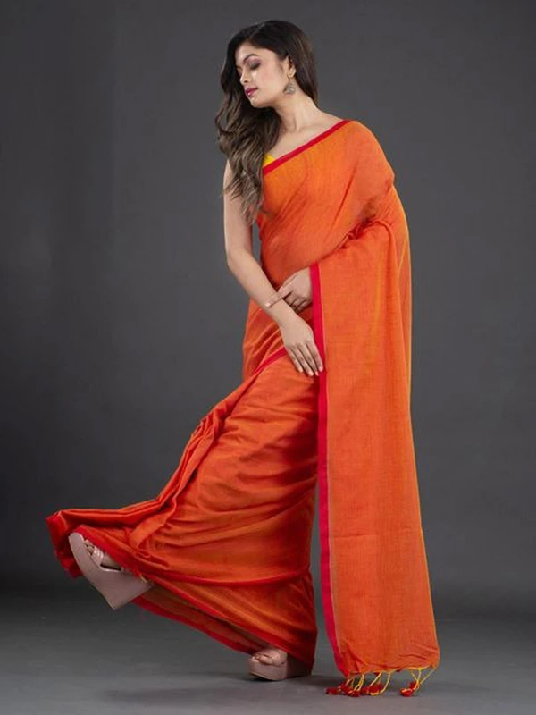 Handloom Contrast Border Cotton Saree - Orange