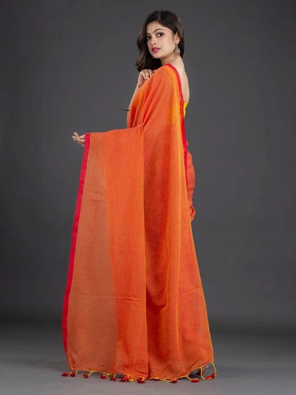 Handloom Contrast Border Cotton Saree - Orange