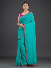 Handloom Contrast Border Cotton Saree - Seagull