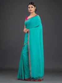Handloom Contrast Border Cotton Saree - Seagull