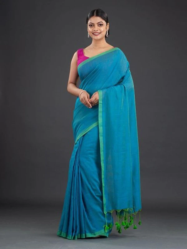 Handloom Contrast Border Cotton Saree - Free, Shakespeare, Cotton