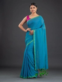 Handloom Contrast Border Cotton Saree - Hippie Blue