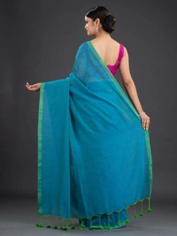 Handloom Contrast Border Cotton Saree - Hippie Blue