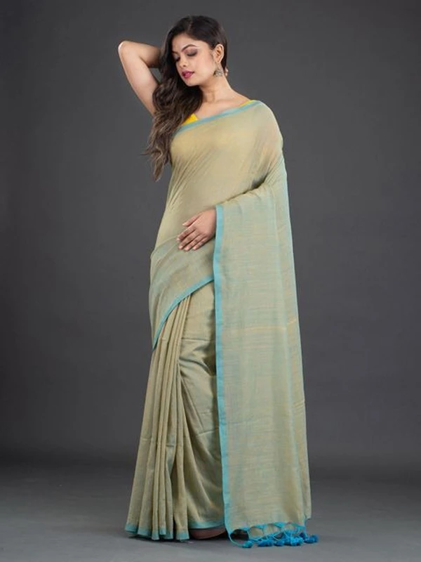 Handloom Contrast Border Cotton Saree - Free, Gossip, Mul Cotton