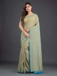 Handloom Contrast Border Cotton Saree - Light Olive