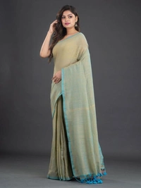 Handloom Contrast Border Cotton Saree - Light Olive
