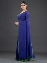 Handloom Contrast Border Cotton Saree - Royal Blue