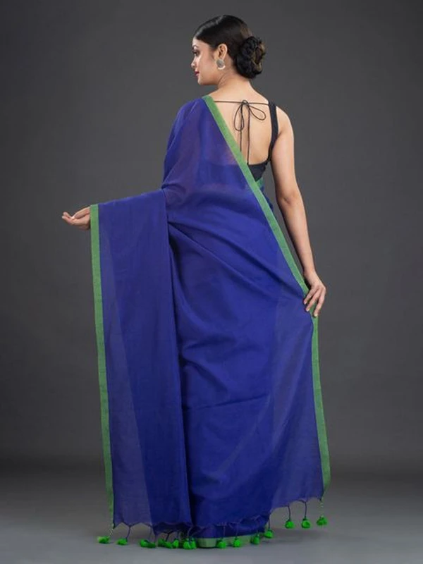 Handloom Contrast Border Cotton Saree - Free, Royal Blue, Cotton