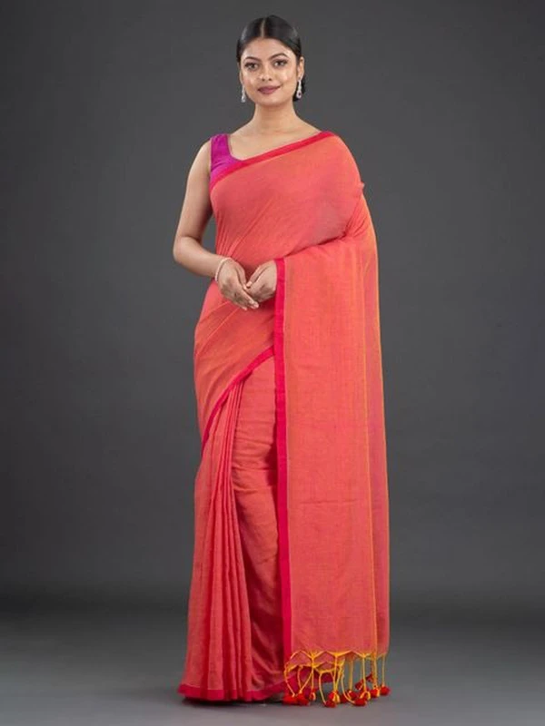 Handloom Contrast Border Cotton Saree - Free, Cerise Red, Cotton