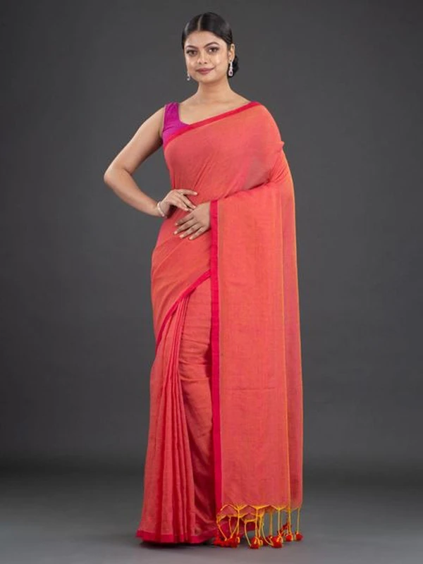 Handloom Contrast Border Cotton Saree - Free, Cerise Red, Mul Cotton