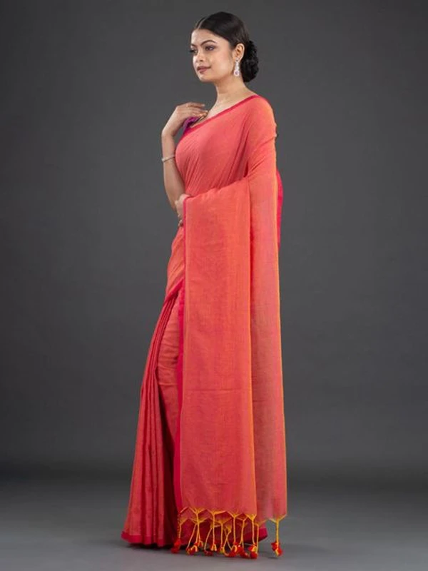 Handloom Contrast Border Cotton Saree - Free, Cerise Red, Mul Cotton