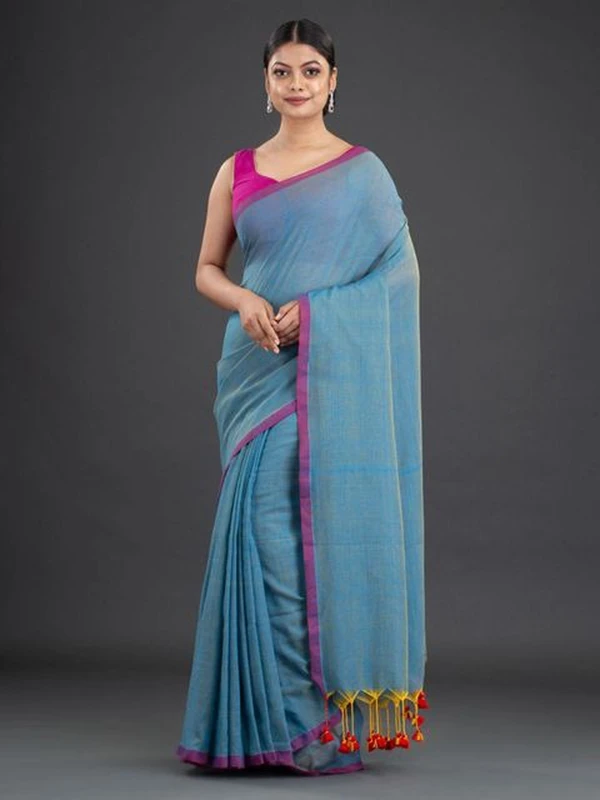 Handloom Contrast Border Cotton Saree - Free, Shakespeare, Mul Cotton