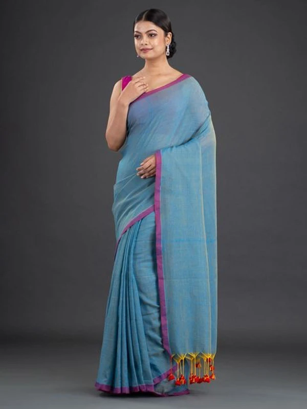 Handloom Contrast Border Cotton Saree - Sea Blue