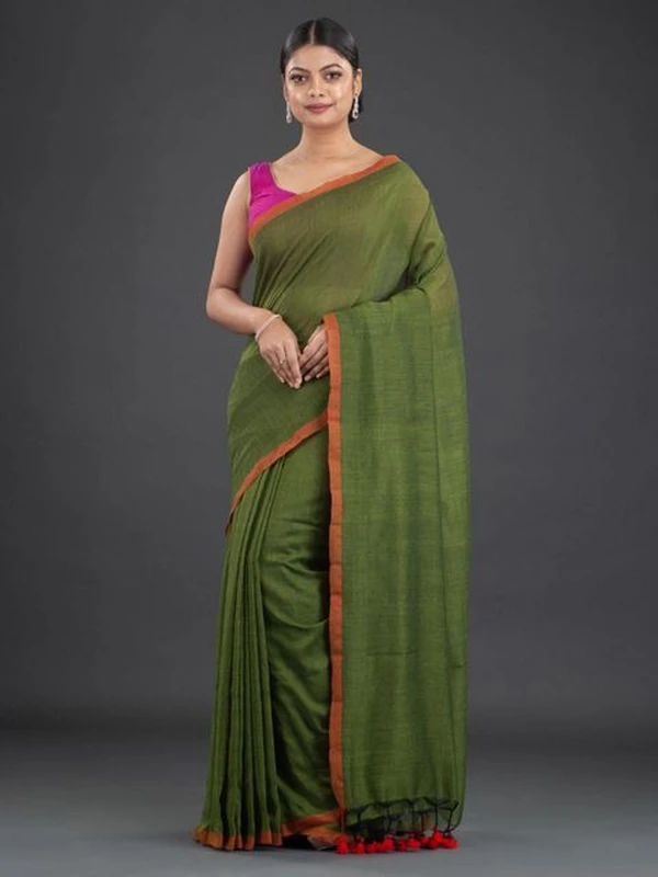 Handloom Contrast Border Cotton Saree - Free, Green Leaf, Mul Cotton