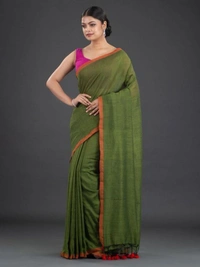 Handloom Contrast Border Cotton Saree - Green Leaf