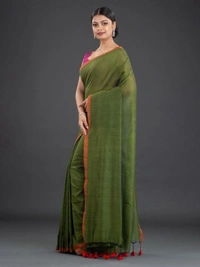Handloom Contrast Border Cotton Saree - Green Leaf
