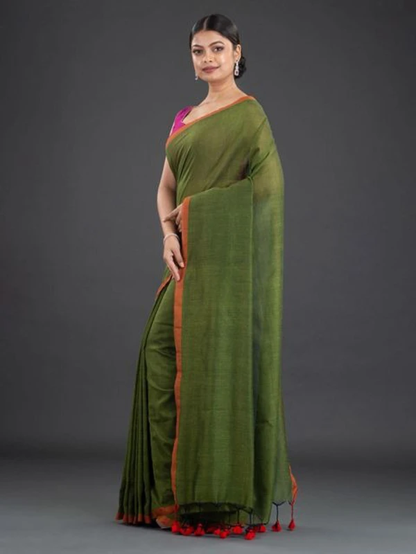 Handloom Contrast Border Cotton Saree - Free, Green Leaf, Mul Cotton