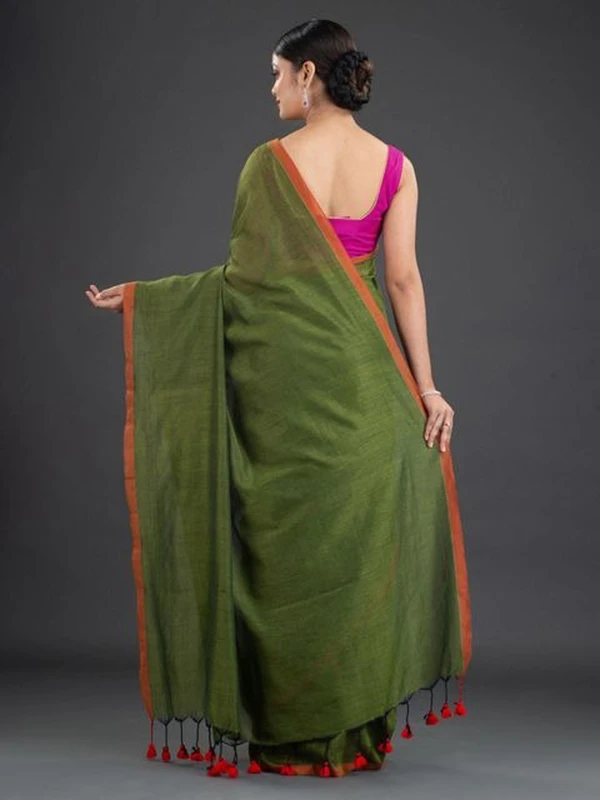 Handloom Contrast Border Cotton Saree - Free, Green Leaf, Mul Cotton