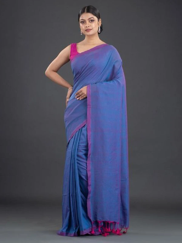 Handloom Contrast Border Cotton Saree - Dual Blue