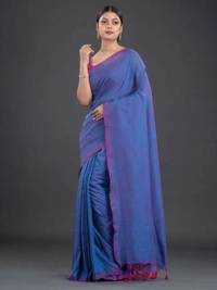 Handloom Contrast Border Cotton Saree - Dual Blue