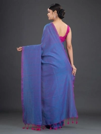 Handloom Contrast Border Cotton Saree - Dual Blue