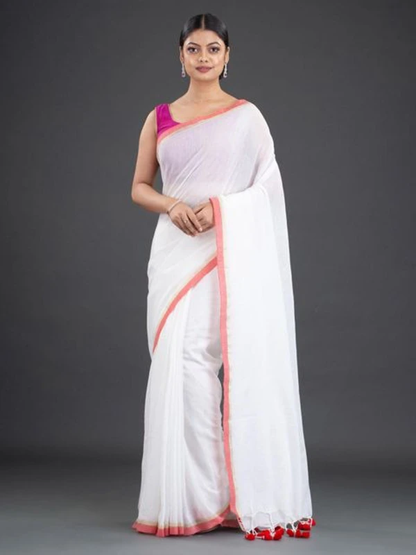 Handloom Contrast Border Cotton Saree - Free, White, Cotton