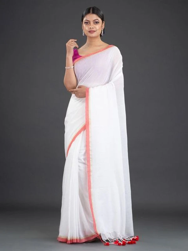 Handloom Contrast Border Cotton Saree - White