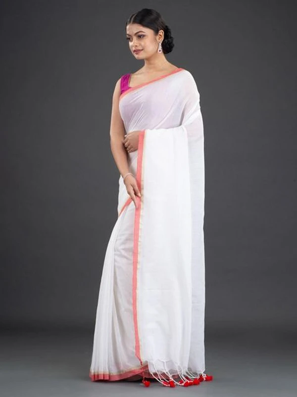 Handloom Contrast Border Cotton Saree - White