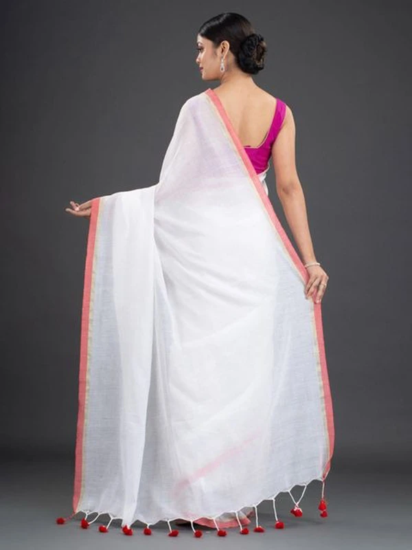 Handloom Contrast Border Cotton Saree - Free, White, Mul Cotton