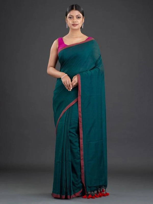 Handloom Contrast Border Cotton Saree - Free, Cardin Green, Mul Cotton