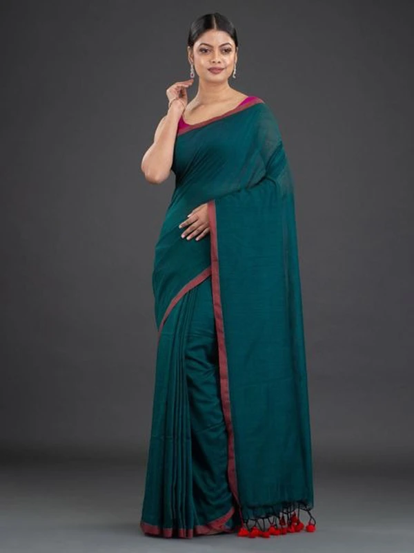 Handloom Contrast Border Cotton Saree - Cardin Green