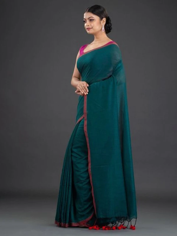 Handloom Contrast Border Cotton Saree - Cardin Green