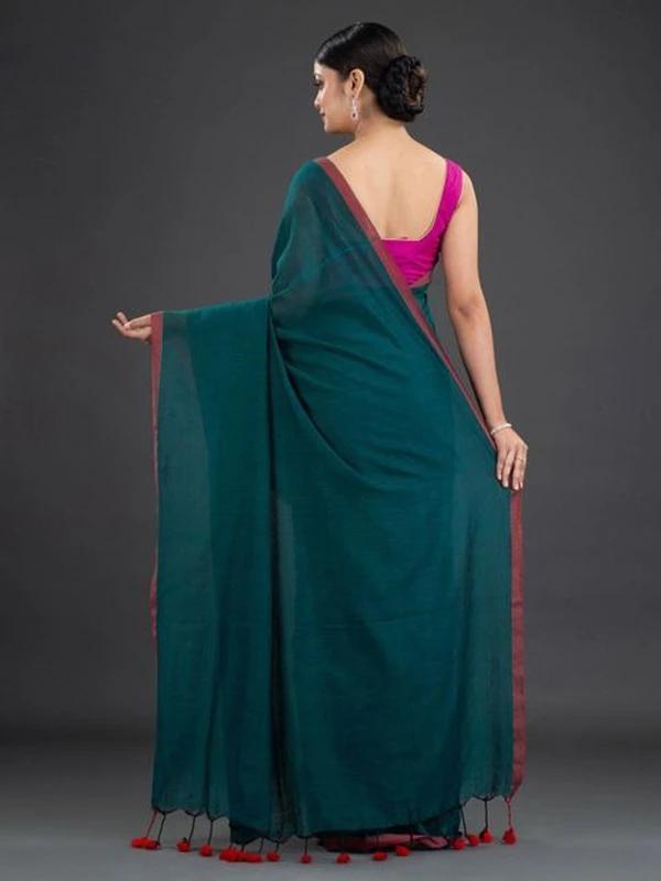 Handloom Contrast Border Cotton Saree - Free, Cardin Green, Cotton