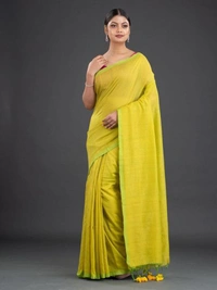 Handloom Contrast Border Cotton Saree - Rio Green