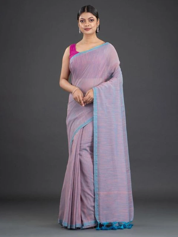 Handloom Contrast Border Cotton Saree - Free, Light Orchid, Mul Cotton