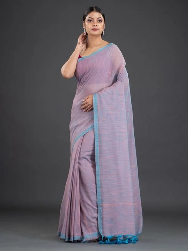 Handloom Contrast Border Cotton Saree - Free, Light Orchid, Cotton