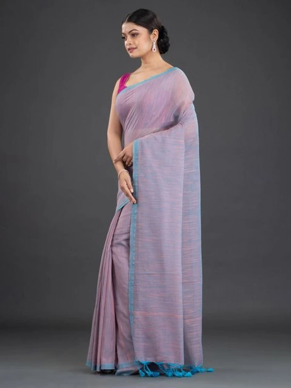 Handloom Contrast Border Cotton Saree - Free, Light Orchid, Cotton