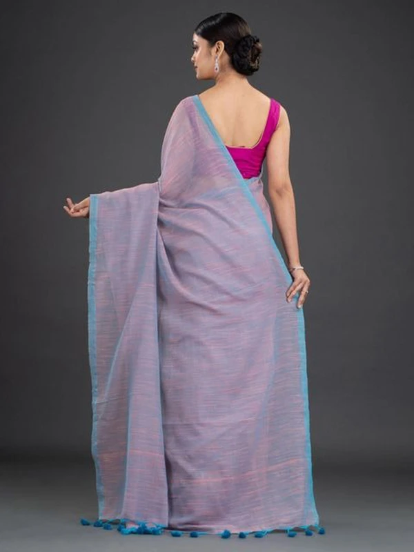 Handloom Contrast Border Cotton Saree - Free, Light Orchid, Cotton