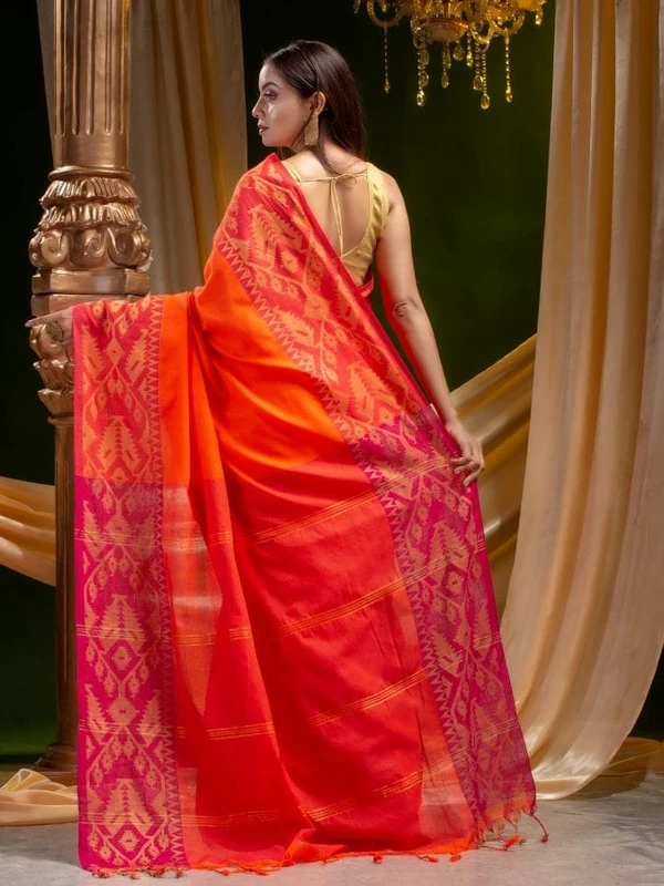 Handloom Jamdani Border Saree - Free, Web Orange