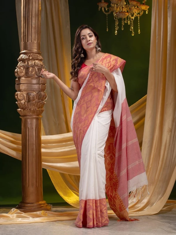 Handloom Jamdani Border Saree - Free, White