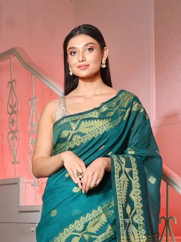 Handloom Jamdani Border Saree - Free, Cardin Green